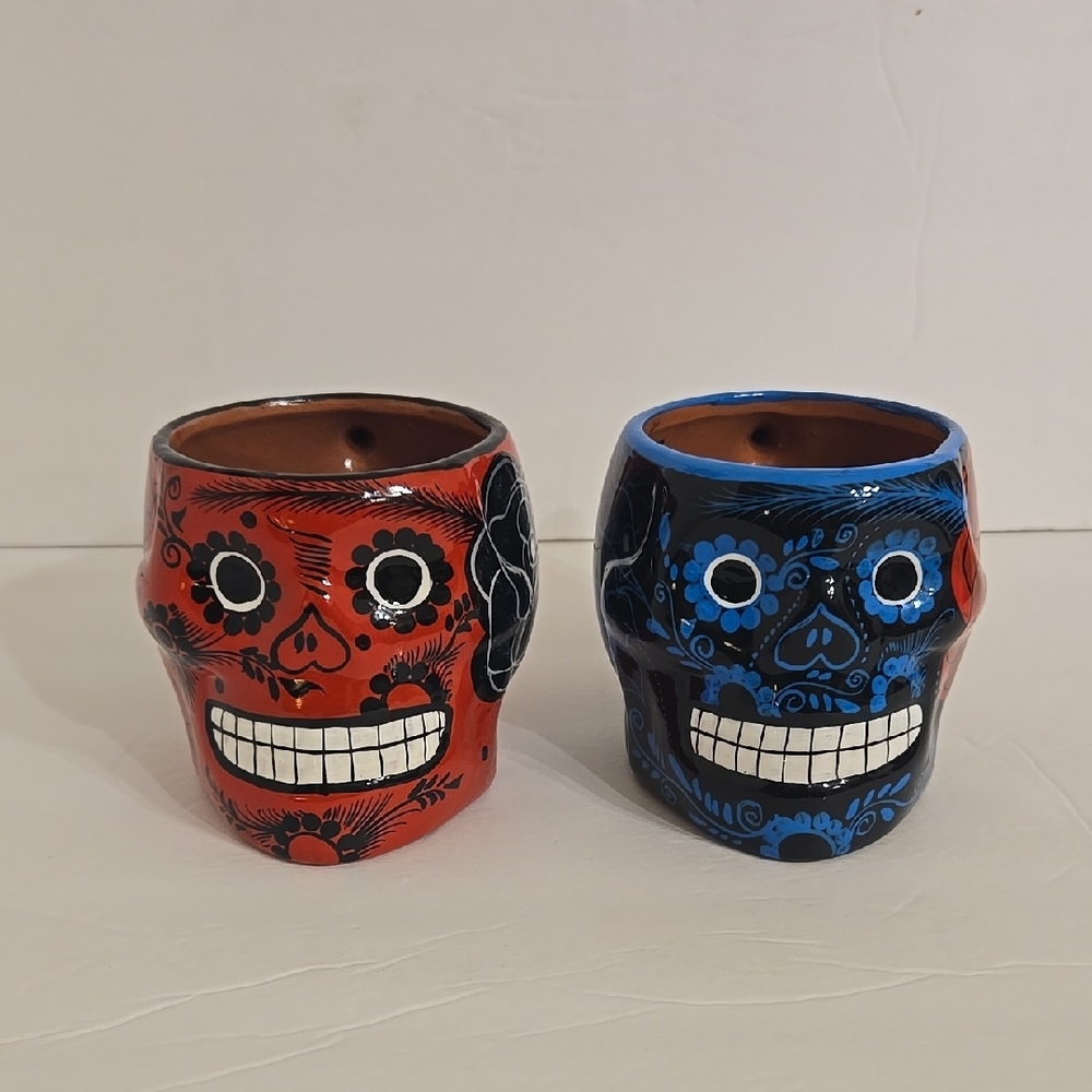 Day of the Dead Colorful Skull Mug Set - Red and Blue